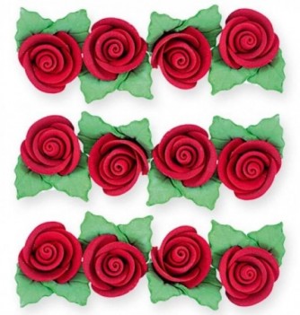 Fleurs en Pastillage Mini Rose Rouge avec Feuilles