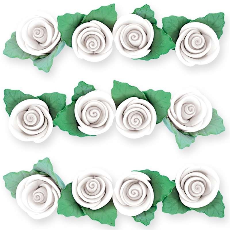 Fleurs en Pastillage Mini Rose Blanche avec Feuilles