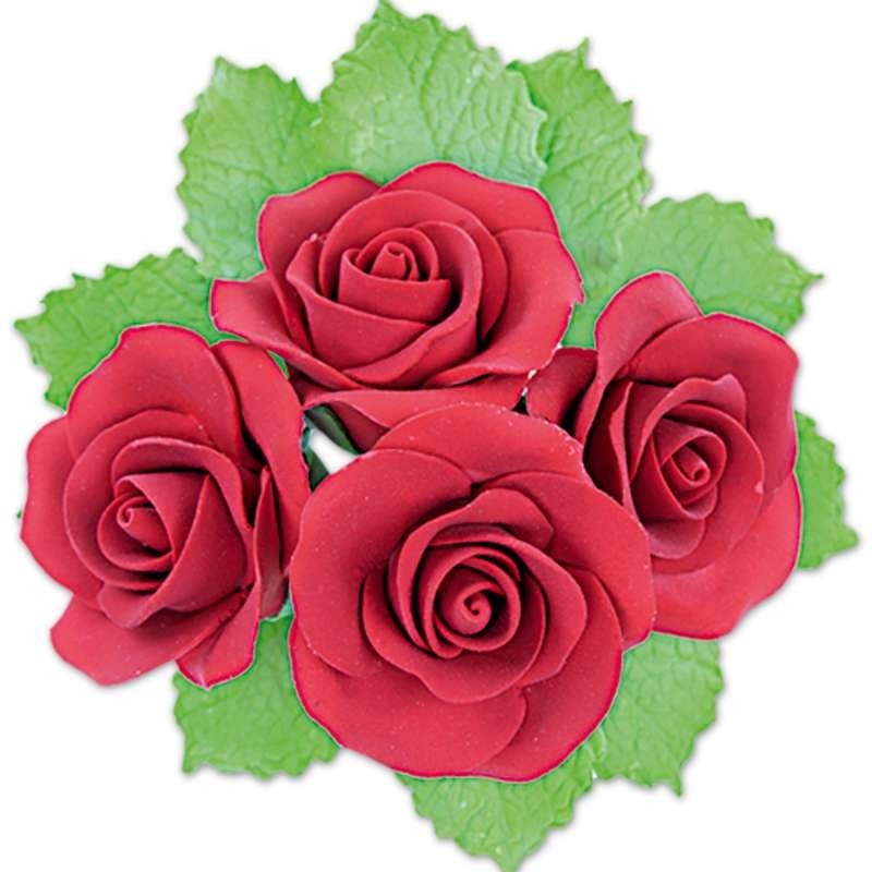 Fleurs en Pastillage Rose Ouverte Rouge avec Feuilles