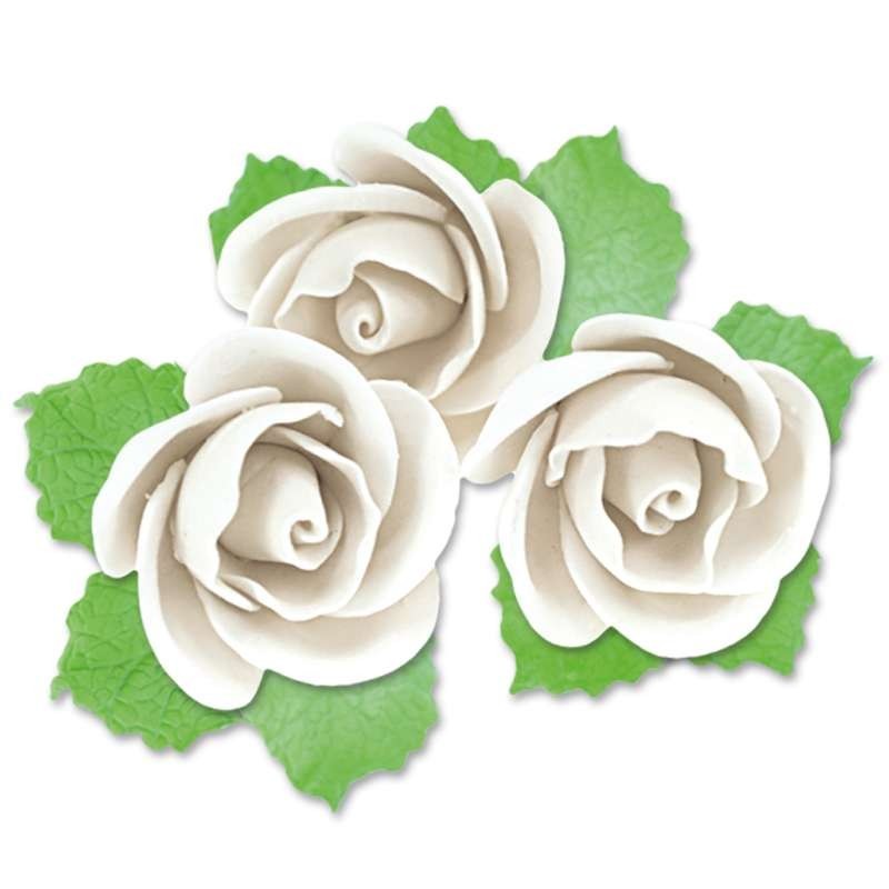 Fleurs en Pastillage Rose Semi-Ouverte Blanche avec Feuilles