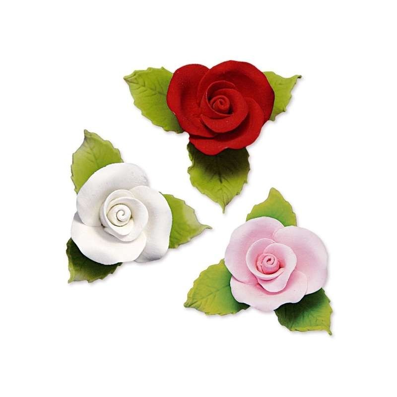 Fleurs en Pastillage Rose Blanc & Rouge avec Feuilles