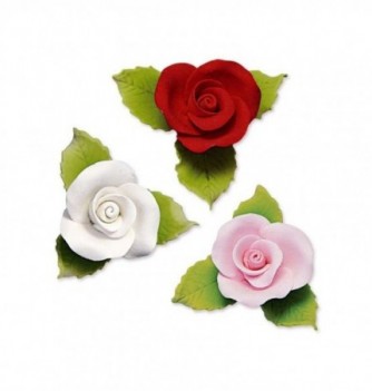 Fleurs en Pastillage Rose Blanc & Rouge avec Feuilles