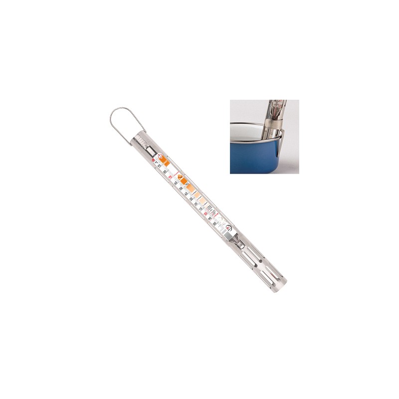 Thermomètre de confiseur avec gaine en inox et crochet de fixation.