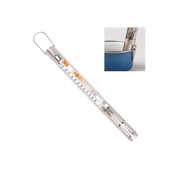 Thermomètre de confiseur avec gaine en inox et crochet de fixation.