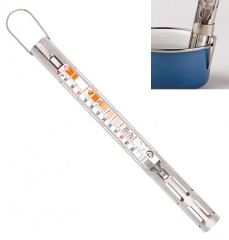 Thermomètre de confiseur avec gaine en inox et crochet de fixation.