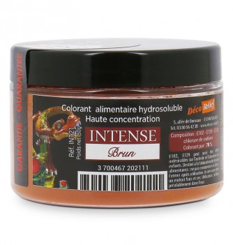 Pot de colorant alimentaire hydrosoluble intense en poudre, couleur brun. Idéal pour colorer vos pièces en sucre.