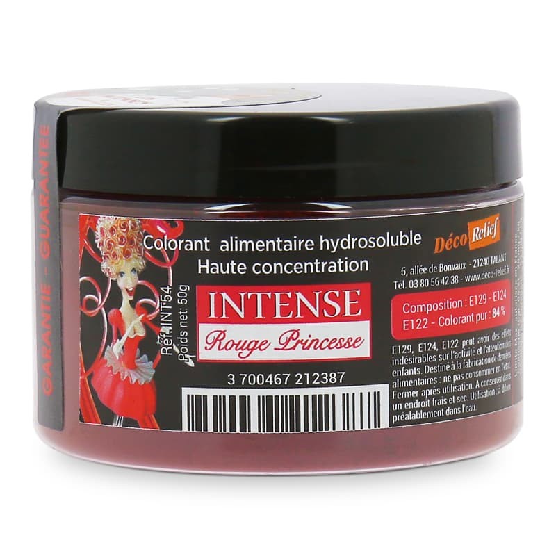 Pot de colorant alimentaire hydrosoluble intense en poudre, couleur rouge princesse. Idéal pour colorer vos pièces en sucre.