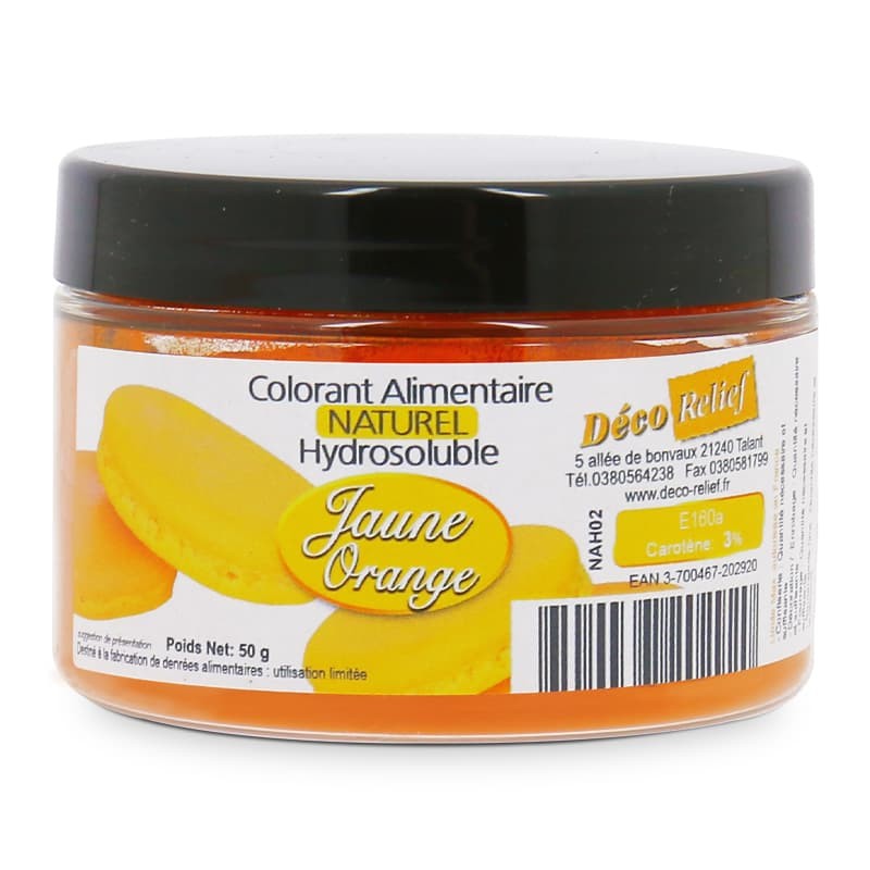 Pot de colorant alimentaire naturel en poudre, couleur jaune orange. Idéal pour colorer vos macarons.