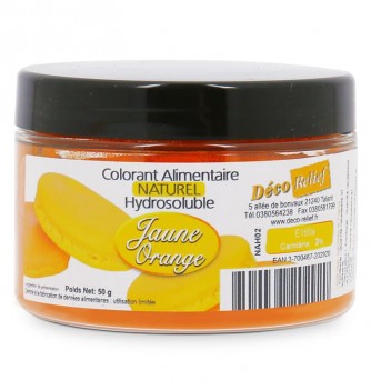 Pot de colorant alimentaire naturel en poudre, couleur jaune orange. Idéal pour colorer vos macarons.