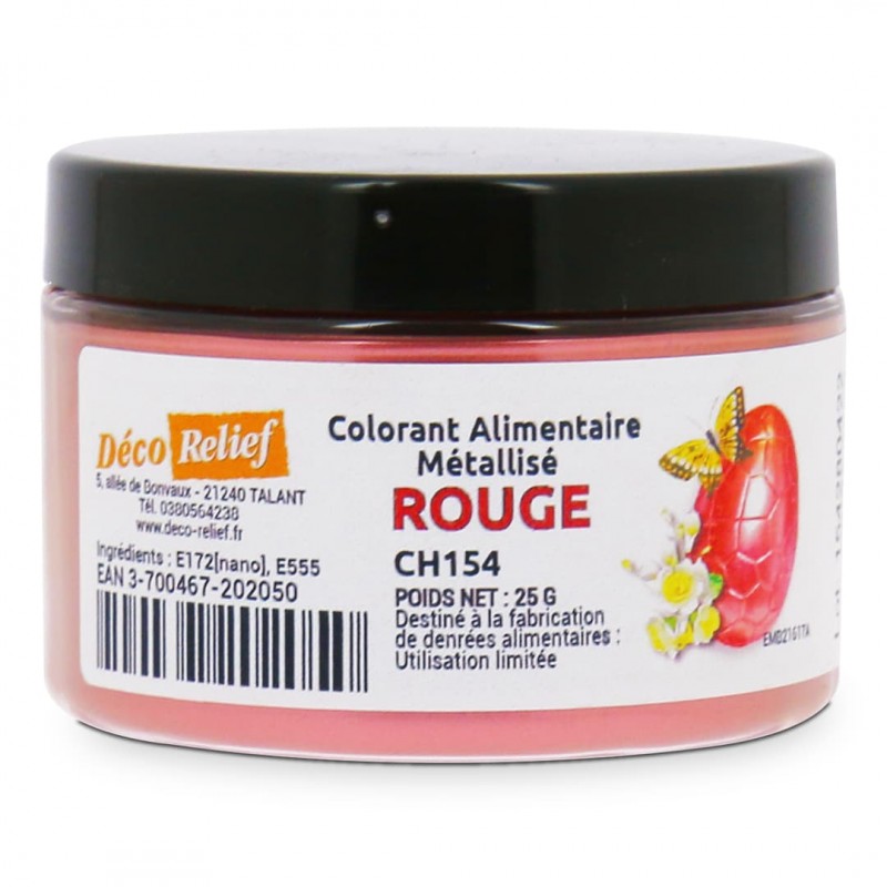 Pot de 25g de colorant alimentaire métallisé en poudre, couleur rouge