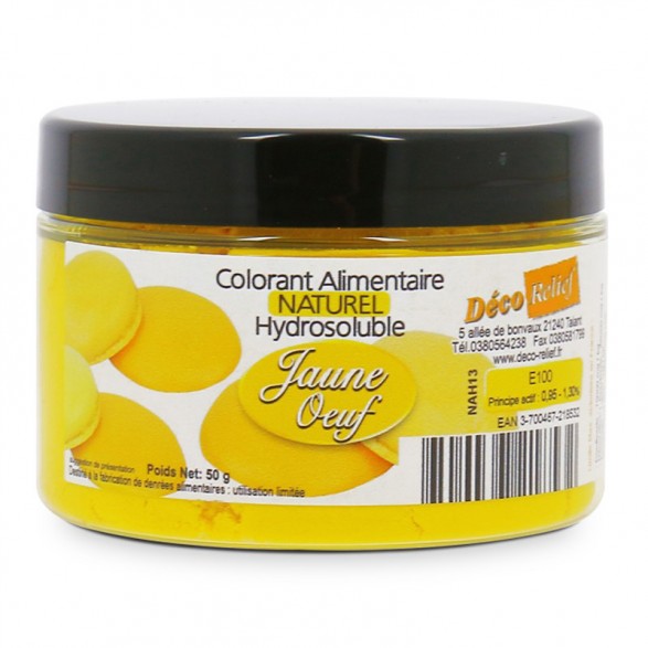 Pot de colorant alimentaire naturel en poudre, couleur jaune œuf. Idéal pour colorer vos macarons.