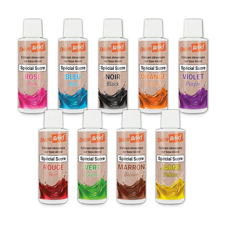 Set of 9 Liquid Food Colours for Sugar - Alcohol Base - 9 x 125mL