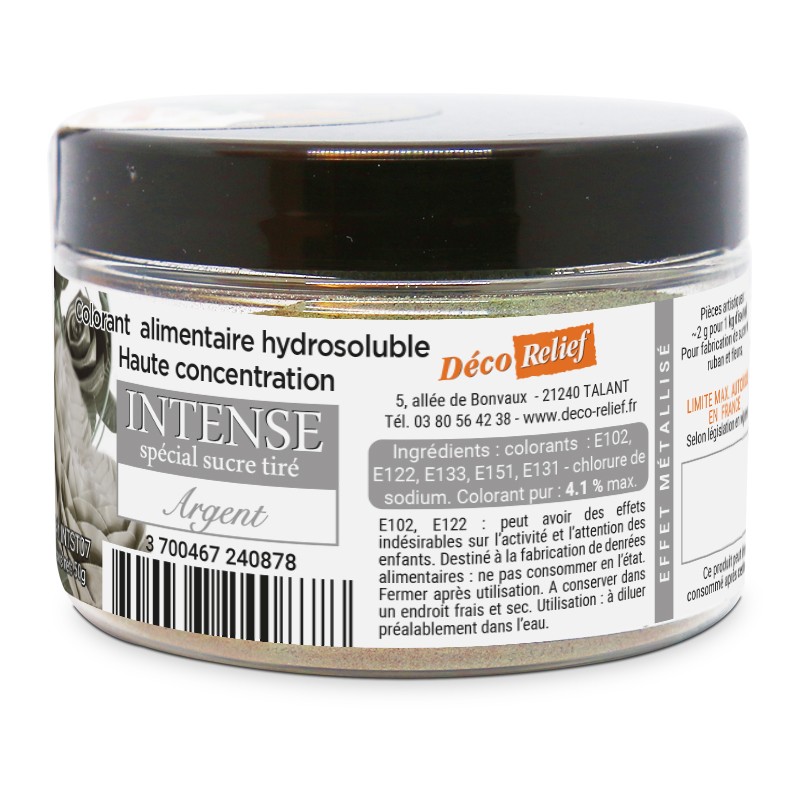 Colorant Alimentaire Hydrosoluble en Poudre pour Sucre Tiré - Effet Métal Argent - 50g