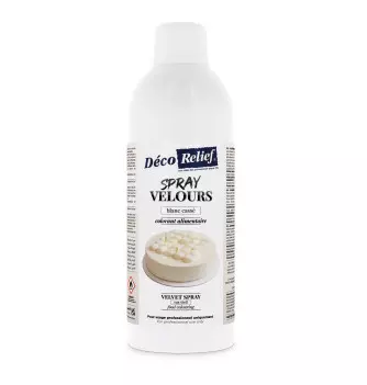 Spray velours blanc à base de beurre de cacao, prêt à l'emploi, en format professionnel 400ml.
